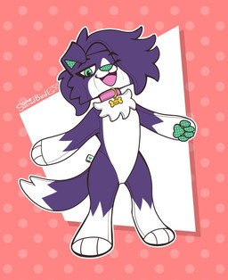 anthro bone_tag collar collar_only collar_tag dotted_background green_eyes green_inner_ear green_nose green_pawpads heart_symbol looking_at_viewer male neck_tuft nude pattern_background pawpads pink_background plushie plushification purple_body simple_background smile smiling_at_viewer solo text_on_collar_tag tuft wearing_collar white_body somesacredbird dog_(somesacredbird) animate_inanimate border_collie canid canine canis collie domestic_dog herding_dog living_plushie mammal pastoral_dog sheepdog 2023 digital_drawing_(artwork) digital_media_(artwork) hi_res