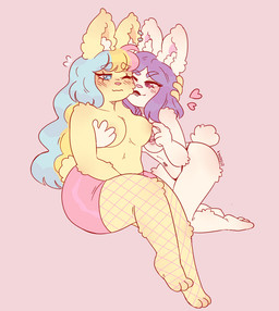 3_toes 4_fingers anthro areola bangs barbell_piercing bent_legs black_clothing black_lips black_thong black_underwear blonde_hair blue_eyes blue_hair blue_pupils blush blush_lines bottomwear breasts brown_inner_ear buckteeth closed_smile clothed clothed_anthro clothed_female clothing duo ear_piercing ear_ring enjoying eyebrow_through_hair eyebrows eyelashes eyelashes_through_hair facial_piercing feet female female/female female_anthro fingers fishnet_clothing fishnet_leggings fishnet_legwear fluffy_ears fur hair hand_on_head heart_symbol holding_breast inner_ear_fluff knee_tuft kneeling leg_tuft leggings legwear light lip_piercing lip_ring lips long_ears long_hair looking_at_another looking_at_partner looking_pleasured medium_breasts medium_hair mouth_closed multicolored_hair navel navel_piercing nipple_barbell nipple_fetish nipple_piercing nipple_play nipples one_eye_closed piercing pink_areola pink_bottomwear pink_clothing pink_hair pink_inner_ear pink_nipples pink_nose pink_skirt pupils purple_background purple_eyebrows purple_eyes purple_hair purple_pupils ring_piercing scut_tail short_tail simple_background sitting skirt smile smiling_at_another smiling_at_partner tail teeth text thick_thighs thong toes topless topless_anthro topless_female translucent translucent_hair tuft underwear wavy_hair white_body white_fur white_inner_ear_fluff white_tail yellow_body yellow_fur yellow_tail suzeart bunny_(suzeart) luna_(suzeart) lagomorph leporid mammal rabbit 2024 artist_name colored digital_drawing_(artwork) digital_media_(artwork) english_description hi_res lighting shaded