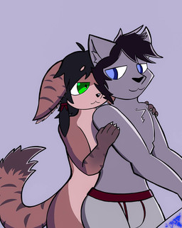 anthro blue_eyes bottomwear clothed clothing dark_hair duo eye_contact green_eyes half_clothed looking_at_another male male/male nails nude shirtless shorts shorts_only tail topless blacklight_ltd lucas_lynx lucas_poland canid canine canis felid feline lynx mammal wolf hi_res