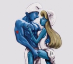 blonde_hair blue_body blue_skin clothing dress duo female hair hat headgear headwear heart_symbol male male/female not_furry phrygian_cap liquidchaosx the_smurfs hefty_smurf smurfette humanoid smurf grandfathered_content hi_res