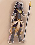 5_fingers abs anthro black_clothing black_hair clothed clothing fingers fully_clothed gold_(metal) grey_body hair horizontal_pupils horn lance male melee_weapon pink_sclera polearm pupils red_eyes simple_background solo topwear weapon white_clothing dharmony bovid caprine goat mammal hi_res