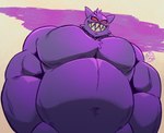 anthro belly big_belly big_pecs chest_tuft facial_tuft huge_pecs male muscular muscular_anthro muscular_male pecs pupils purple_body red_eyes sharp_teeth simple_background slit_pupils solo teeth tuft jasperthecrab nintendo pokemon generation_1_pokemon gengar pokemon_(species) hi_res