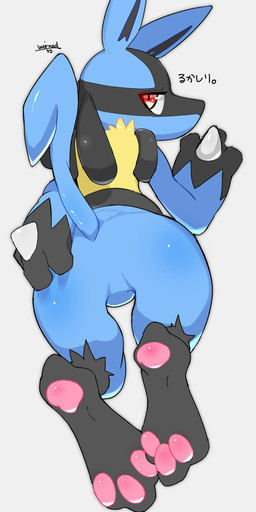 3_fingers 3_toes ambiguous_gender black_body black_fur blue_body blue_butt blue_fur butt digitigrade featureless_crotch feet fingers fur hindpaw looking_at_viewer looking_back nude pawpads paws pink_pawpads red_eyes simple_background solo tail tan_body tan_fur text toes white_background wuirnad nintendo pokemon generation_4_pokemon lucario pokemon_(species) 2021 hi_res japanese_text signature translated