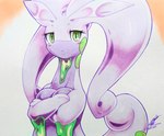 antennae_(anatomy) anthro blush blush_lines breasts crossed_arms eyelashes female green_eyes looking_at_viewer purple_body simple_background slime solo tail 025aki nintendo pokemon generation_6_pokemon goodra pokemon_(species) 2025 absurd_res dated hi_res signature