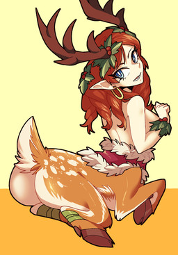 accessory antlers blue_eyes breasts brown_body brown_fur butt clothed clothing ear_piercing ear_ring female female_taur fur hair hair_accessory horn humanoid_pointy_ears leaf leaf_on_head looking_at_viewer looking_back looking_back_at_viewer open_mouth piercing pointy_ears red_hair ring_piercing simple_background solo split_form white_body white_fur rikokyu dota valve valve_corporation aiushtha_the_enchantress deer deer_taur humanoid_taur mammal mammal_taur taur 2019 hi_res