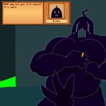 1:1 belly black_body blush defensive_stance genitals hi_res humanoid kahto_taph42 knot krobus_(stardew_valley) looking_surprised male moobs multi_genitalia multi_penis overweight penis ring sewer sewer_monster shadow_creature solo stardew_valley surprised_eyes surprised_face text text_box yelling