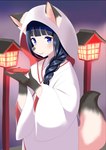 after_transformation anthro asian_clothing black_hair blue_eyes braided_hair clothing east_asian_clothing female hair hood kemono lamp looking_at_viewer simple_background smile solo roina canid canine fox mammal 2019