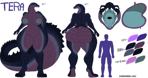 anthro big_breasts big_butt big_tail black_claws breasts butt claws female genitals green_nipples green_vulva huge_breasts huge_butt huge_tail huge_thighs long_tail mouth_shot multicolored_body multicolored_scales nipples open_mouth pink_body pink_scales purple_body purple_eyes purple_scales scales solo spikes spikes_(anatomy) tail text thick_thighs vulva halzin_hizenberg tera_(zombiedwolf) alligator alligatorid crocodilian reptile scalie absurd_res english_text hi_res model_sheet