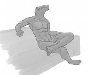anthro balls erection furniture genitals humanoid_genitalia humanoid_penis looking_at_viewer male male_anthro mouth_closed muscular muscular_anthro muscular_male narrowed_eyes navel nipples nude on_sofa penis simple_background sitting sofa solo aduran crocodile crocodilian reptile scalie monochrome sketch