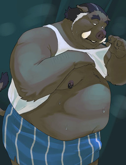 anthro belly big_belly bodily_fluids brown_body bulge clothed clothing clothing_lift kemono male moobs navel nipples overweight overweight_male shirt shirt_lift solo sweat topwear underwear o_miso_n mammal suid suine sus_(pig) wild_boar 2026 hi_res