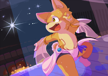 anthro bodily_fluids bulge clothed clothing fur looking_back male multicolored_body multicolored_fur navel on_one_leg open_mouth orange_body orange_eyes orange_fur shadow shota smile solo spotlight stage standing sweat tan_body tan_fur theater topless two_tone_body two_tone_fur young young_anthro moketiw canid canine canis domestic_dog mammal 2017 digital_media_(artwork)