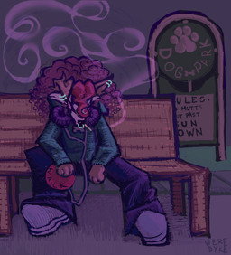 afro anthro bench clothing curly_hair dog_park footwear hair juggalo male multiple_piercings park_bench piercing platform_footwear platform_shoes racism shoes smoking solo text werehouse walkman lobo_(werehouse) canid canine canis domestic_dog hybrid mammal wolfdog absurd_res english_text hi_res trans_(lore) trans_man_(lore)