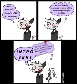 3_panel_comic anthro clothing dialogue dialogue_box fangs fur grey_body grey_fur gun handgun hoodie male open_mouth open_smile pink_body pink_sclera pink_skin pistol ranged_weapon simple_background smile solo teeth text thought_bubble topwear weapon white_background wide_eyed happyroadkill happy_(happyroadkill) american_opossum mammal marsupial english_text hi_res