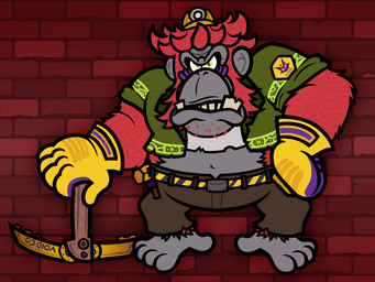 5_fingers 5_toes anthro armor arms_bent barefoot belt belt_buckle bottomwear brick_wall brown_bottomwear brown_clothing brown_pants buckle chipped_tooth clothed clothed_anthro clothed_male clothing crop_top feet fingers fully_clothed fully_clothed_anthro fully_clothed_male fur furrowed_brow gloves green_clothing green_shirt green_topwear grey_body grey_skin hair hand_on_hip hand_on_own_hip handwear hard_hat headgear headlight helmet looking_at_viewer male multicolored_body open_clothing open_shirt open_topwear orange_eyes pants pickaxe red_body red_fur red_hair shirt short_hair solo striped_belt stubble tan_teeth teeth toes topwear torn_crop_top two_tone_body wall_(structure) white_clothing white_crop_top white_topwear yellow_belt yellow_clothing yellow_gloves yellow_handwear captainquack64 donkey_kong_(series) donkey_kong_bananza nintendo grumpy_kong kong mammal primate 2025 4:3 digital_drawing_(artwork) digital_media_(artwork) english_description flat_colors full-length_portrait hi_res portrait