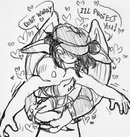 big_ears black_hair blush clothing duo faceless_character female hair hat headgear headwear heart_symbol hug hugging_another hugging_from_behind male speech_bubble text wings unknown_artist deadlock_(game) valve valve_corporation anon ivy_(deadlock) gargoyle human mammal english_text hi_res monochrome traditional_media_(artwork)