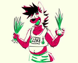 anthro black_hair black_nose bottomwear clothing cropped_tank_top food hair looking_at_viewer male onion plant profanity scallion shirt shorts slightly_chubby slightly_chubby_anthro slightly_chubby_male smile smiling_at_viewer solo tank_top text text_on_clothing text_on_shirt text_on_tank_top text_on_topwear topwear vegetable white_clothing white_shirt white_tank_top white_topwear ty_pesh tyberius_peshlakai hyena mammal 2026 digital_drawing_(artwork) digital_media_(artwork) english_description english_text