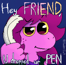 4_fingers anthro cartoon_freckles eyebrows female fingers freckled_face freckles hair looking_at_viewer loose_feather pink_body pink_hair pink_skin quill raised_eyebrow simple_background smile solo text yellow_eyes soder_cat deltarune mythology undertale_(series) susie_(deltarune) dragon monster mythological_creature mythological_scalie scalie digital_media_(artwork) hi_res pixel_(artwork)