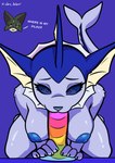 ambiguous_gender anthro anthro_focus areola biped blue_areola blue_body blue_nipples blue_sclera breasts claws cutaway dialogue dildo_in_mouth duo eyelashes female female_focus fin finger_claws fingers front_view fur glistening glistening_body green_body green_fur humanoid_hands kneeling narrowed_eyes nipples non-mammal_breasts non-mammal_nipples nude nude_anthro nude_female offscreen_character oral oral_penetration penetration pokemorph purple_background red_eyes sex_toy sex_toy_in_mouth sex_toy_insertion simple_background talking_to_another text shen_hokori nintendo pokemon eeveelution generation_1_pokemon generation_9_pokemon meowscarada pokemon_(species) vaporeon absurd_res artist_name colored english_text hi_res