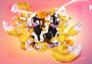 anthro balls big_balls big_penis biped bodily_fluids breasts cum digitigrade dipstick_tail female fingering fluffy fluffy_tail fur genital_fluids genitals group group_sex harem horn huge_penis hyper hyper_genitalia hyper_penis kissing male male/female markings messy multi_genitalia multi_penis multicolored_body multicolored_fur multicolored_tail orange_body orange_scales orgy penis scales sex tail tail_markings two_tone_body two_tone_fur two_tone_tail white_body white_fur white_tail yellow_body yellow_fur ni3ls bandai_namco digimon mythology iron_sunsetscales canid canine digimon_(species) dragon mammal mythological_creature mythological_scalie renamon scalie