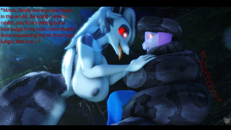 anthro apode big_breasts black_bars blue_body blue_fur breasts coiling dialogue duo eye_contact female female/female fur glowing glowing_eyes grey_body grey_fur grey_scales hair huge_breasts hypnosis hypnotic_eyes imminent_vore legless lens_flare looking_at_another mind_control nipples nude nude_female open_mouth outside pink_body pink_fur ringed_eyes scales serpentine small_waist split_form squeezing text tongue white_body white_fur white_hair mercfox438 aeridiccore_(modeler) hellaverse helluva_boss mythology halley_starbun loona_(helluva_boss) canid canid_demon canine demon draconcopode hellhound lagomorph lamia leporid mammal mythological_canine mythological_creature rabbit reptile scalie snake 16:9 2022 3d_(artwork) digital_media_(artwork) english_text hi_res letterbox widescreen