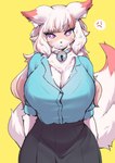 anthro big_breasts bottomwear breasts cleavage clothed clothing female fur kemono multicolored_body multicolored_fur simple_background skirt solo two_tone_body two_tone_fur cecily_lin canid canine fox mammal 2023 absurd_res hi_res