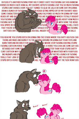 :3 anthro blue_eyes female feral fur hair hate heart_symbol homophobic_slur kissing male pink_body pink_fur pink_hair profanity red_eyes sexist_slur slur surprised tail text text_background wall_of_text seaweedprincess friendship_is_magic hasbro my_little_pony pinkie_pie_(mlp) canid canine canis earth_pony equid equine horse mammal pony wolf 2:3 comic english_text hi_res