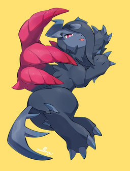 ambiguous_gender black_body black_claws black_fur black_tail claws feral fur narrowed_eyes one_eye_obstructed red_body red_eyes red_wings simple_background solo tail tongue tongue_out unusual_anatomy unusual_tail unusual_wings wings yellow_background nullma nintendo pokemon pokemon_legends_z-a generation_9_pokemon mega_absol_z mega_evolution pokemon_(species) 2026 digital_media_(artwork) hi_res signature