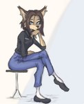 anthro arm_on_knee arm_on_leg arm_on_thigh arm_support arms_bent arms_on_leg bent_legs black_nose blue_eyes bottomwear breasts brown_body brown_fur brown_hair cheek_tuft clothing crossed_legs denim denim_bottomwear denim_clothing ear_piercing ear_tuft elbow_on_knee elbow_on_leg facial_tuft female footwear fur furniture hair hand_on_chin inner_ear_fluff jeans leaning leaning_forward leg_over_edge leg_over_knee looking_at_viewer markings mole_(marking) on_stool over_edge pants piercing plantigrade shirt shoes short_hair simple_background sitting sitting_on_stool socks solo stool text text_on_clothing text_on_shirt text_on_topwear topwear tuft white_background tinygaypirate samsung_sam canid canine mammal 2021 hi_res