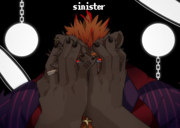 5_fingers anthro ball_and_chain brown_body brown_fur clothed clothing covering covering_face covering_self cross cross_necklace fingers fur glowing glowing_eyes hair jewelry male necklace orange_hair ring scar solo text topwear 0119_muu lifewonders tokyo_afterschool_summoners barguest_(tas) bear mammal english_text