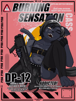 anthro black_body black_fur bulge dark_body dark_fur ear_piercing face_squish femboy fire fur gun looking_at_viewer male paws piercing ranged_weapon shotgun sitting solo squish text weapon eviljonte domestic_cat felid feline felis mammal 3:4 absurd_res english_text hi_res