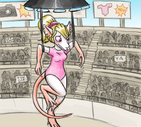 anthro arena blush clothing defeated drone_(vehicle) female leotard machine public purple_eyes solo suspension lonelyworld pawkaf mammal mouse murid murine rodent
