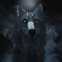 ambiguous_gender black_nose feral front_view fur glistening glistening_eyes grey_body grey_fur horn moon mouth_closed red_eyes small_horn solo text msdeadsoul canid mammal 1:1 2019 artist_name dated