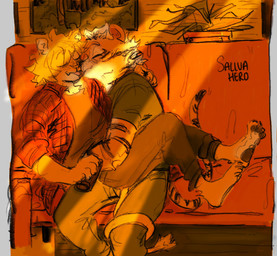 anthro bottomwear clothing cuddling duo fur furniture hair kissing male male/male pattern_clothing pattern_topwear pawpads plaid plaid_clothing plaid_topwear shirt sitting sofa topwear salivahero dawn_chorus arvo_(dawn_chorus) lake_(dawn_chorus) felid lion mammal pantherine tiger absurd_res hi_res