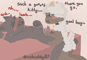 3_eyes ambiguous_gender anthro bed bell bell_collar blush blushing_profusely brown_body brown_fur butt chest_tuft collar dialogue duo eyes_closed fluffy fur furniture genitals good_boy grey_body grey_fur handjob head_tuft holding_penis horn imminent_orgasm kneeling limp_wrist lying lying_on_bed male male/ambiguous moan moaning_name multi_eye navel nude nude_ambiguous nude_anthro on_back on_bed open_mouth penile penis praise raised_tail rubbing_penis scar sex simple_background submissive submissive_male tail text tuft white_body white_fur white_wool wool_(fur) nobuddy cult_of_the_lamb massive_monster_(studio) lamb_(cult_of_the_lamb) narinder bovid caprine domestic_cat felid feline felis mammal sheep english_text hi_res