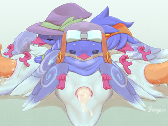 accessory after_sex ambiguous_gender ambiguous_penetrated animal_genitalia avian_feet aviator_cap aviator_goggles beak bestiality blue_background blue_hair bodily_fluids breath cloaca cloaca_juice cloacal cloacal_penetration clothing cum cum_from_cloaca cum_in_cloaca cum_inside disembodied_penis extreme_penetration eyes_closed feral feral_penetrated front_view gaping gaping_cloaca genital_fluids genitals group hair half-closed_eyes hat headband headgear headwear human_on_feral human_penetrating human_penetrating_feral interspecies leaking_cum male narrowed_eyes obscured_eyes open_beak open_mouth penetration penile penile_penetration penis red_beak scarf sex side_view simple_background size_difference smaller_penetrated sweat witch_hat beageiso yu-gi-oh! flundereeze duel_monster human mammal 4:3 absurd_res hi_res