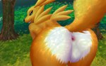 anthro balls bandai_namco big_butt blue_eyes butt canid digimon digimon_(species) fluffy forest fur genitals looking_at_viewer male mammal mike_santos plant renamon smile smiling_at_viewer solo teeth tree white_body white_fur yellow_body yellow_fur