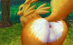 anthro balls big_butt blue_eyes butt fluffy forest fur genitals looking_at_viewer male plant smile smiling_at_viewer solo teeth tree white_body white_fur yellow_body yellow_fur mike_santos bandai_namco digimon canid digimon_(species) mammal renamon