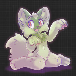3_toes 4_fingers ambiguous_gender anthro anthrofied cheek_tuft chest_tuft cute_fangs eyebrows facial_markings facial_tuft fangs feet fingers fluffy fluffy_tail fur fur_markings geometric_background green_body green_fur grey_background grid_background happy head_markings inner_ear_fluff markings open_mouth open_smile pattern_background pawpads paws pink_pawpads pokemorph raised_eyebrows simple_background sitting smile solo tail teeth toes tuft norwegianfennec nintendo pokemon generation_9_pokemon pokemon_(species) sprigatito 1:1 2025 hi_res