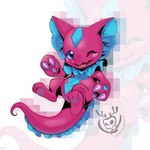 anthro blue_eyes bow_tie claws frill_(anatomy) membrane_(anatomy) membranous_frill one_eye_closed pink_body pink_scales scales solo wink piratesylph bandai_namco digimon digimon_(species) elizamon scalie 1:1 absurd_res hi_res