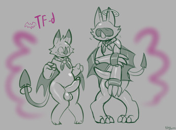 3_fingers 3_toes after_transformation alternate_species anthro balls bent_legs big_balls big_nose big_penis blush claws cute_fangs cybernetics digitigrade dipstick_tail duo erection fangs feet fingers frown genitals halo hand_on_arm humanoid_genitalia humanoid_penis kerchief looking_down machine magic male markings mostly_nude penis raised_hands spade_tail surprised tail tail_markings tapering_penis teeth toe_claws toes winged_arms wings felino panazel_maria zelarpi bat cyborg mammal 2026 hi_res sketch