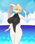 anthro beach big_breasts blonde_hair bracelet breasts clothing collarbone female fur hair huge_breasts jewelry neck_ring one-piece_swimsuit outside solo swimwear white_body white_fur wide_hips yellow_eyes scorpdk lagomorph leporid mammal rabbit 2024 absurd_res hi_res