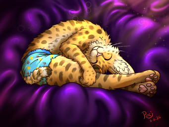 anthro clothed clothing fluffy male markings sleeping solo spots spotted_body underwear pecicz domestic_cat felid feline felis mammal serval hi_res