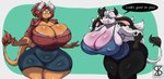 2023 alejandra_coldthorn anthro big_breasts bottomwear bovid bovine breasts brown_body brown_fur cattle cleavage clothed clothing curvy_figure denim denim_bottomwear denim_clothing eyewear female fur glasses green_eyes grin hair hi_res horn hourglass_figure huge_breasts jeans las_lindas leaning leaning_forward long_hair mammal mora_linda multicolored_body pants portrait round_glasses shirt simple_background smile standing superix tank_top three-quarter_portrait topwear wide_hips