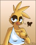 beak breasts clothed clothing eyelashes feathers female flashing nipples shirt smile solo tank_top topwear nehmkey five_nights_at_freddy's roommates:motha scottgames cheeky_(roommates) chica_(fnaf) avian bird chicken galliform gallus_(genus) phasianid 2022 digital_media_(artwork) hi_res