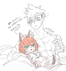 after_sex anthro bed beverage biped blush blush_lines bodily_fluids cellphone dialogue duo electronics energy_drink female furniture green_eyes hair holding_object holding_phone human_on_anthro inner_ear_fluff interspecies lying lying_on_bed male male/female on_bed phone question_mark scar scars_all_over short_hair simple_background smartphone sweat tuft yellow_sclera seb_mujinn capcom monster_hunter monster_hunter_stories_2:_wings_of_ruin kyle_(monster_hunter_stories) tsukino_(monster_hunter_stories) felid felyne human lynian mammal palico 2023 hi_res