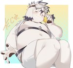 anthro belly bottomwear clothing floppy_ears fur male moobs navel nipples pawpads shorts slightly_chubby solo swimwear teasing white_body white_fur tamacolle tajima_(tamacolle) canid canine canis domestic_dog mammal hi_res