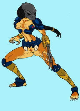 armor blade_arm breasts clothed clothing dreadlocks female genitals looking_back mask muscular muscular_female muscular_humanoid not_furry skimpy solo standing unconvincing_armor vulva wide_hips unknown_artist predator_(franchise) alien humanoid yautja hi_res
