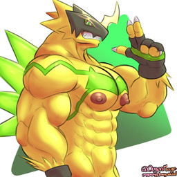 abs anthro areola armor barazoku barely_visible_genitalia barely_visible_penis biceps big_muscles big_penis biped bulge claws clothing fingerless_gloves genitals gesture gloves green_eyes grin grinning_at_viewer hand_gesture handwear headgear headgear_only helmet helmet_only horn male male_anthro mask muscular muscular_anthro muscular_arms muscular_male nipples nude nude_anthro nude_male obscured_genitals pecs penis penis_base side_view smile smiling_at_viewer solo spikes spikes_(anatomy) yellow_body ougon bandai_namco digimon bulkmon digimon_(species) scalie 1:1 2025 colored digital_drawing_(artwork) digital_media_(artwork) hi_res
