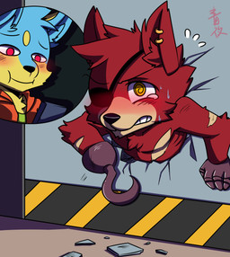 4_fingers anthro black_nose blue_body blue_fur blush bodily_fluids cheek_tuft clenched_teeth clothed clothing cutaway detailed_background duo ear_piercing eye_patch eyewear facial_tuft fingers flying_sweatdrops fur fur_markings head_tuft holding_object hook inner_ear_fluff inside jewelry machine male markings multicolored_body multicolored_fur nude piercing red_eyes shirt smile stuck sweat sweatdrop tablet tears teeth through_wall topwear tuft two_tone_body two_tone_fur uhoh worried yellow_body yellow_eyes yellow_fur saku1saya five_nights_at_freddy's scottgames foxy_(fnaf) seiya_(saku1saya) animatronic canid canine canis domestic_dog fox mammal robot 2015 absurd_res hi_res watermark