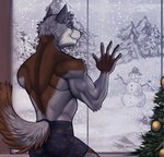 5_fingers anthro athletic athletic_anthro athletic_male back_muscles black_nose boxer_briefs butt christmas_tree clothed clothing fingers fur grey_body grey_fur holidays male plant smile snow snowing snowman solo teeth topless topless_anthro topless_male tree underwear marsel-defender christmas arcori canid canine canis mammal wolf 2022 hi_res